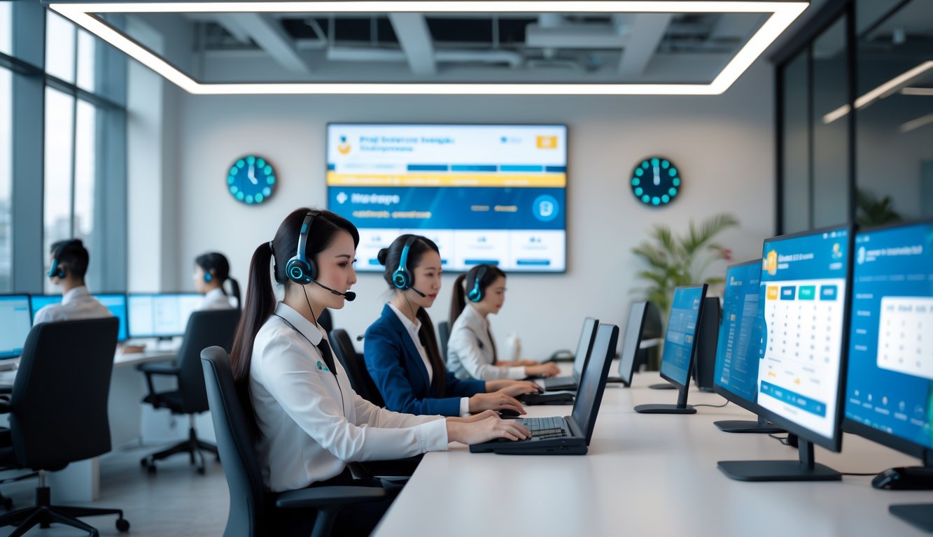 Tim layanan pelanggan bekerja di kantor modern dengan komputer dan headset, memberikan dukungan sepanjang hari untuk layanan togel 3D terpercaya.