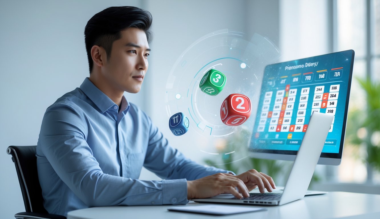 Seorang pria muda duduk di meja dengan laptop, fokus menganalisis data togel 3D dalam suasana kantor yang terang dan rapi.