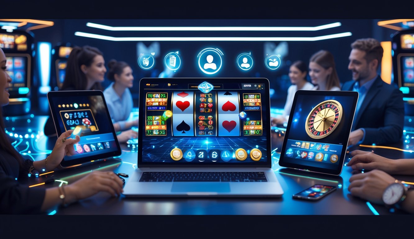 Sekelompok orang bermain permainan judi online menggunakan berbagai perangkat di lingkungan modern yang cerah dan penuh teknologi.