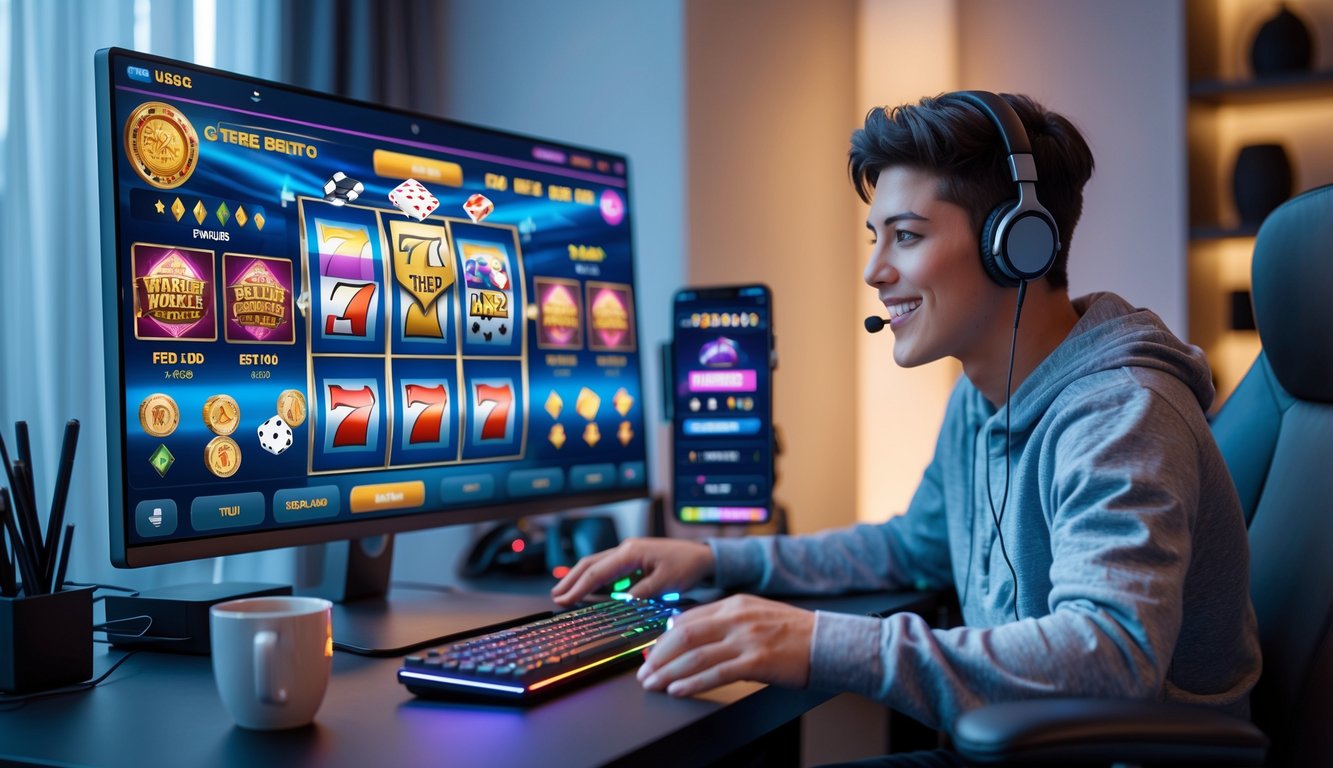 Seorang pemuda duduk di depan komputer dengan tampilan permainan judi online di layar, di sebuah ruangan yang nyaman dan terang.