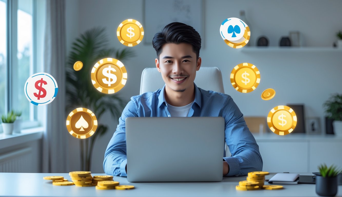 Seorang dewasa muda duduk di meja modern menggunakan laptop dengan ekspresi fokus dan optimis, dikelilingi simbol permainan online dan kemenangan.