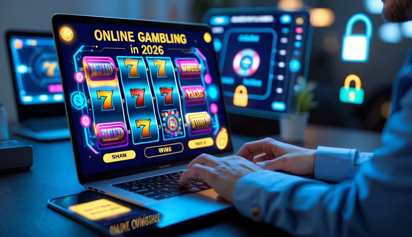 Seseorang menggunakan laptop dengan tampilan permainan judi online yang aman dan menarik di layar.