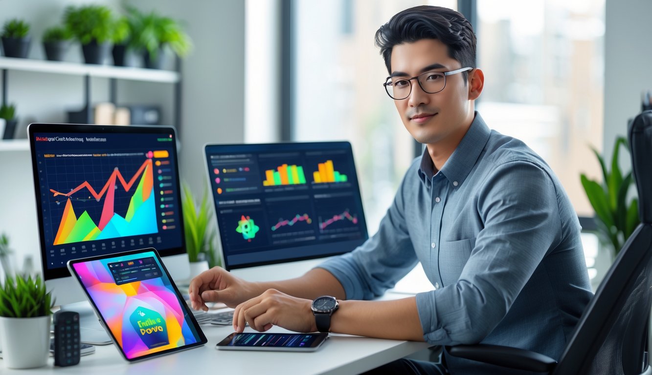 Seseorang duduk di meja kerja modern menggunakan laptop dan perangkat digital lain dengan grafik terkait judi online, di ruangan terang dan rapi.