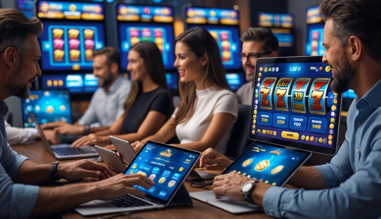 Orang-orang bermain judi online di ruang kerja modern dengan beberapa layar komputer yang menampilkan permainan slot dan antarmuka taruhan.