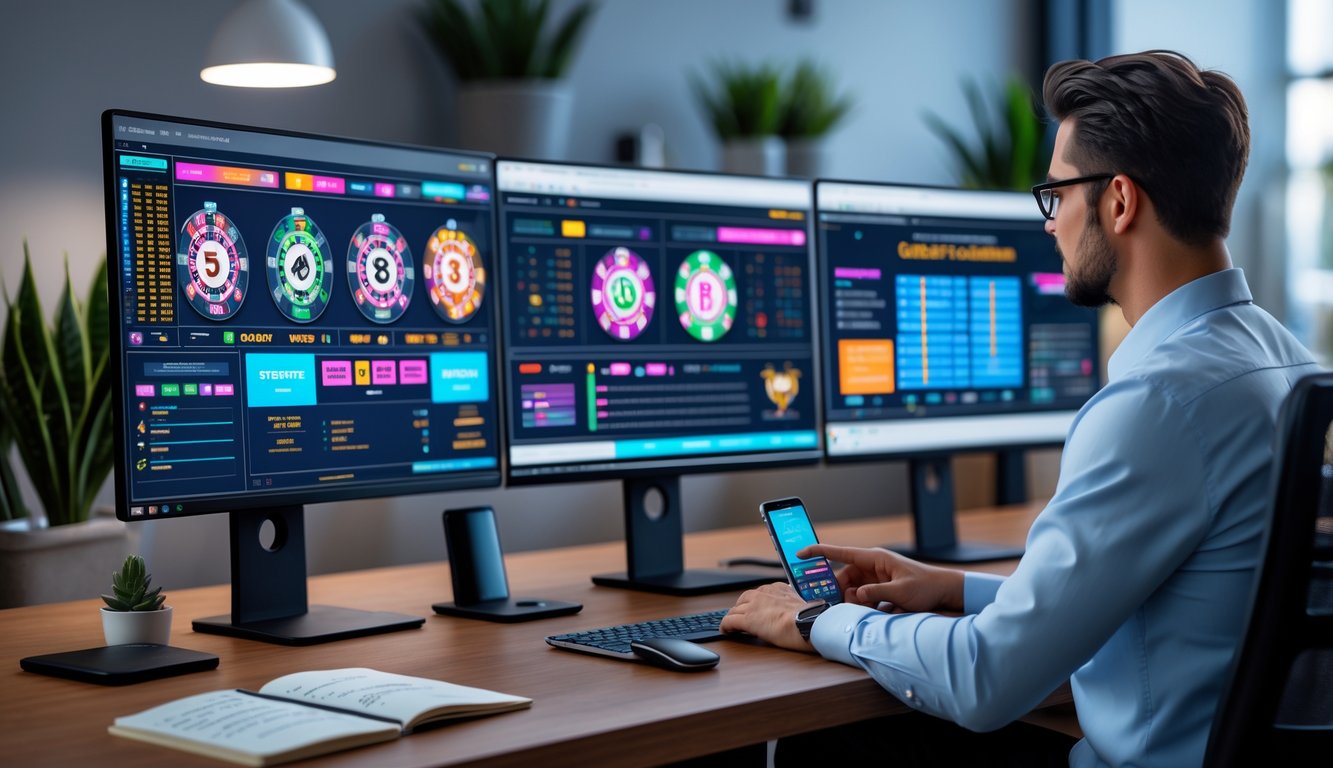 Seorang profesional duduk di depan meja dengan beberapa monitor komputer menampilkan permainan kasino online dan grafik strategi, di ruang kantor modern yang rapi.