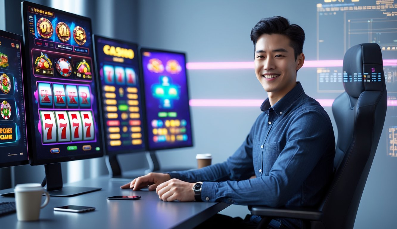 Seorang dewasa muda duduk di depan komputer dengan layar menampilkan permainan kasino online, terlihat fokus dan senang dalam suasana ruangan yang modern dan terang.
