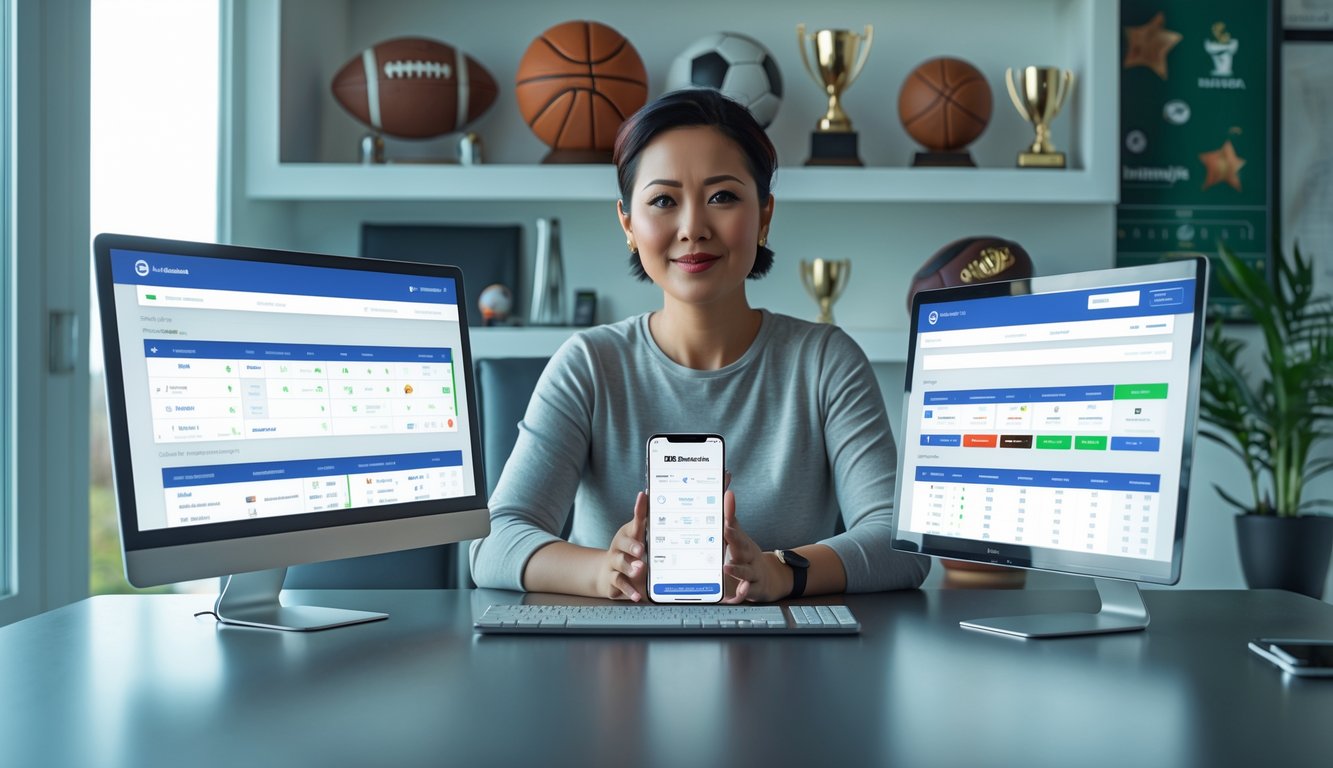 Seorang dewasa duduk di meja dengan laptop dan ponsel, melihat layar yang menampilkan antarmuka taruhan olahraga, dengan latar belakang perlengkapan olahraga.