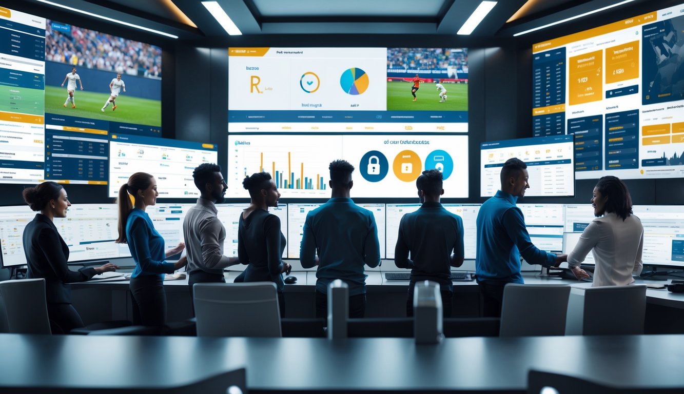 Sekelompok orang yang percaya diri menggunakan komputer dan layar besar menampilkan berbagai acara olahraga dalam suasana kerja yang modern dan aman.