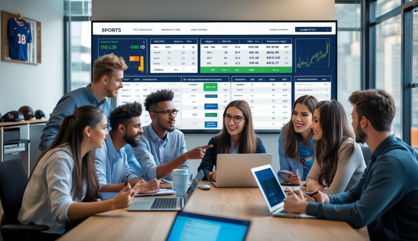 Sekelompok orang muda sedang berdiskusi di kantor dengan layar digital menampilkan statistik olahraga dan peluang taruhan.
