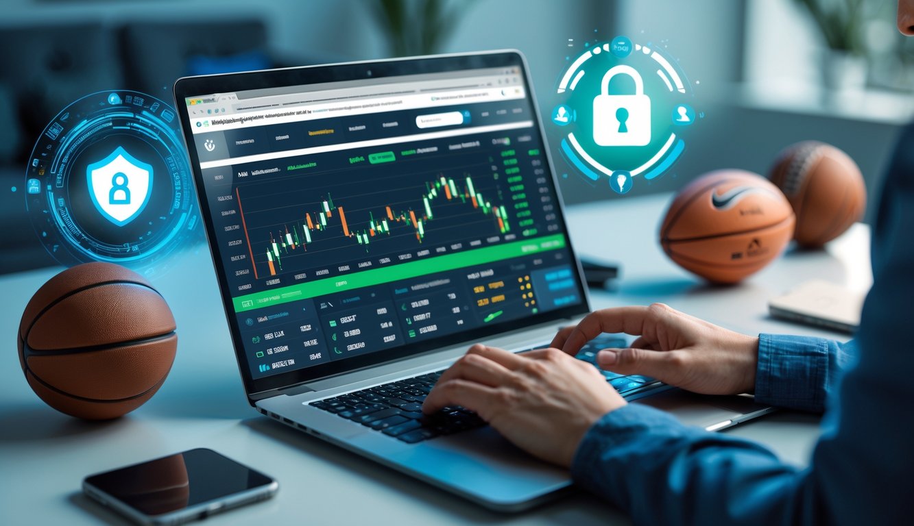 Seorang pengguna yang sedang menggunakan laptop dengan tampilan situs judi olahraga online, dikelilingi oleh simbol keamanan dan perlengkapan olahraga.