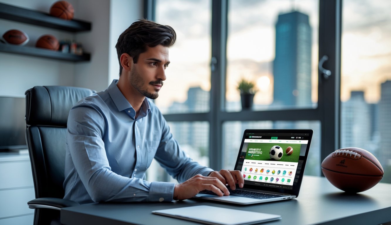Seorang pria muda duduk di meja kerja dengan laptop yang menampilkan situs taruhan olahraga, di ruangan dengan jendela besar dan beberapa perlengkapan olahraga di latar belakang.