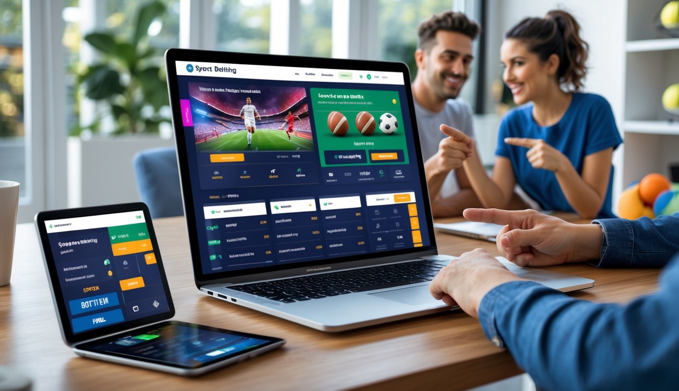 Dua orang dewasa muda sedang melihat layar laptop dan ponsel yang menampilkan pertandingan sepak bola dan olahraga lainnya dengan opsi taruhan.