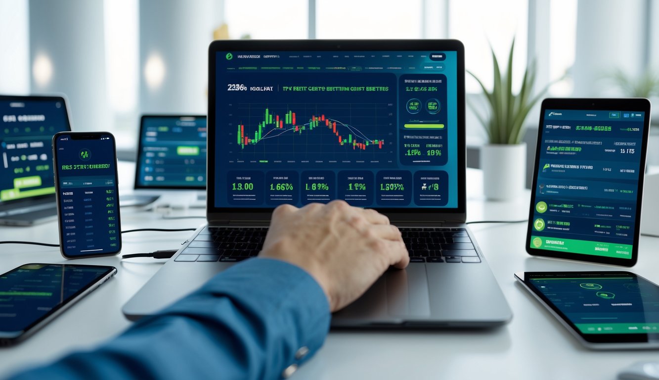 Seseorang menggunakan laptop di meja kerja dengan beberapa perangkat digital menampilkan statistik dan peluang taruhan olahraga.
