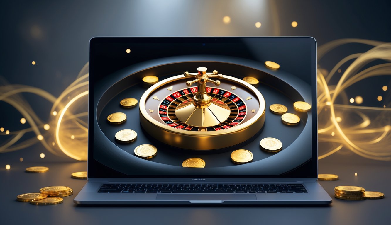 Sebuah layar komputer menampilkan roda roulette emas yang berputar dengan latar belakang yang elegan dan suasana yang menggambarkan kemenangan besar.