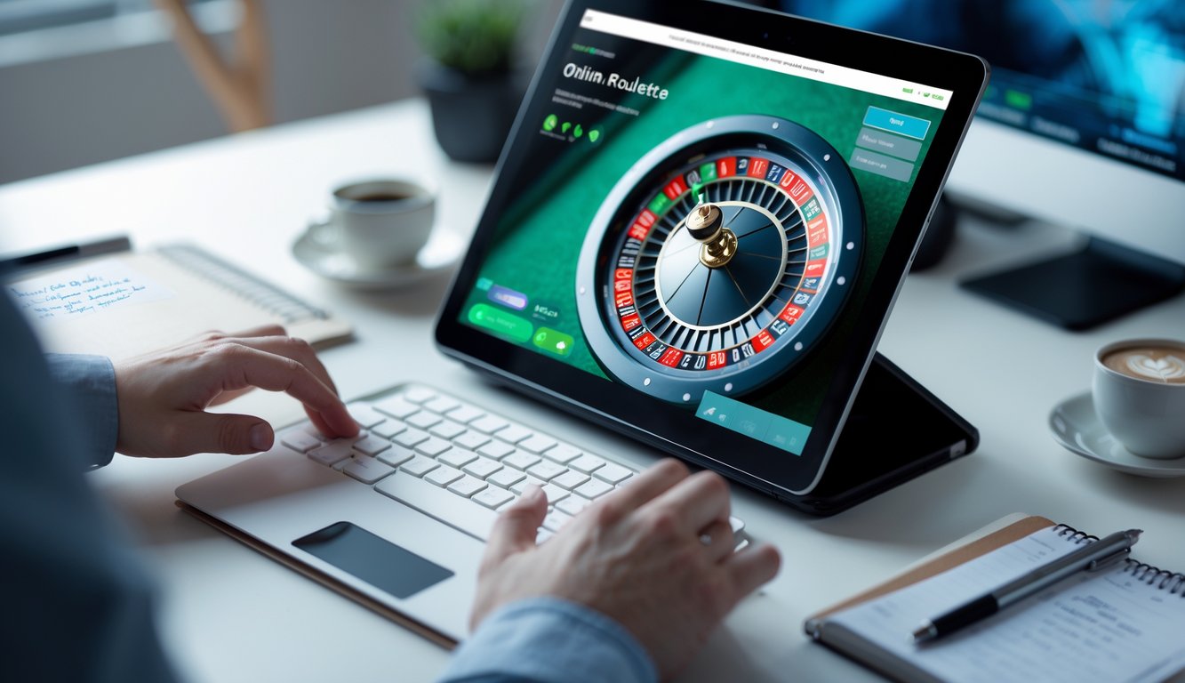 Sebuah meja kerja dengan komputer menampilkan roda roulette digital, dilengkapi dengan buku catatan, pena, dan cangkir kopi di sekitarnya.