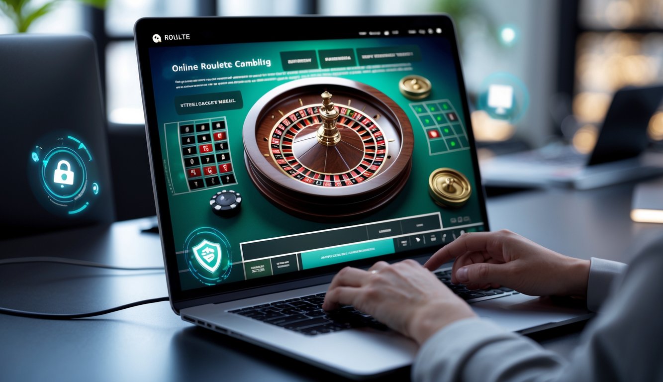 Seseorang menggunakan komputer dengan layar menampilkan permainan roulette online yang sedang berputar.