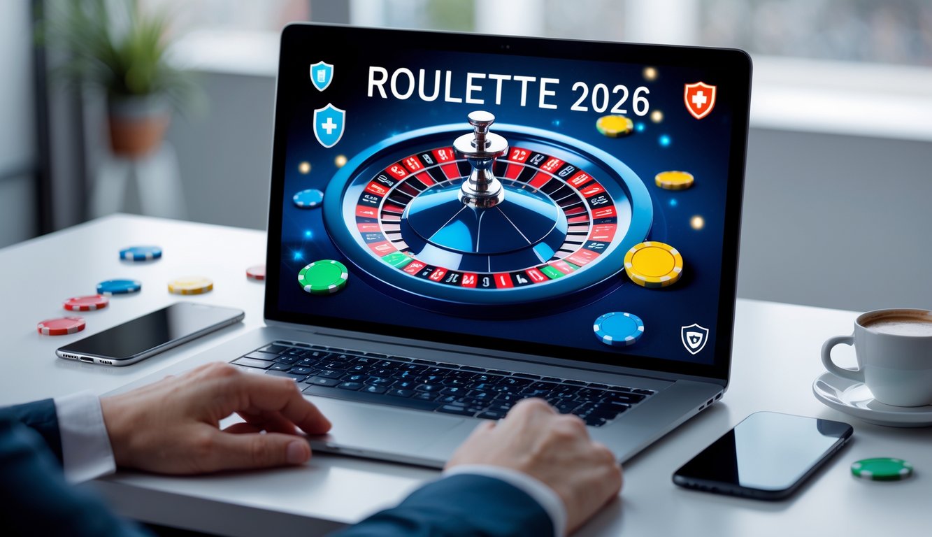 Seseorang menggunakan komputer dengan tampilan roda roulette digital dan chip warna-warni di meja, menunjukkan pengalaman judi roulette online yang aman dan terpercaya.