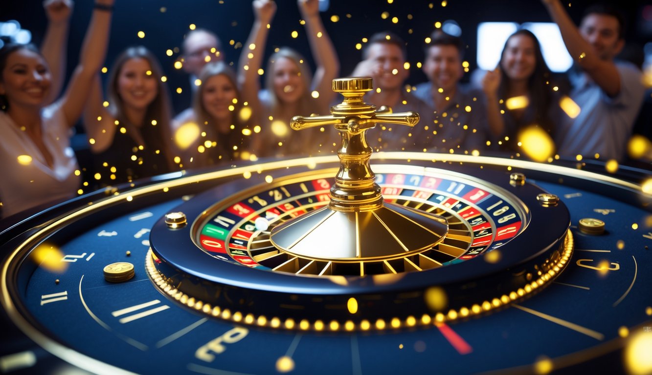 Roda roulette digital berwarna emas yang berputar dengan latar belakang orang-orang yang merayakan kemenangan.