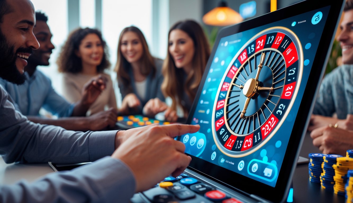 Orang-orang bermain roulette online di depan layar komputer dengan tampilan roda roulette digital yang cerah dan berwarna-warni.