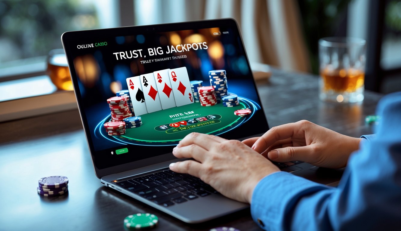 Seseorang bermain poker online di perangkat digital dengan kartu dan chip poker di layar dalam suasana ruangan yang nyaman dan terang.