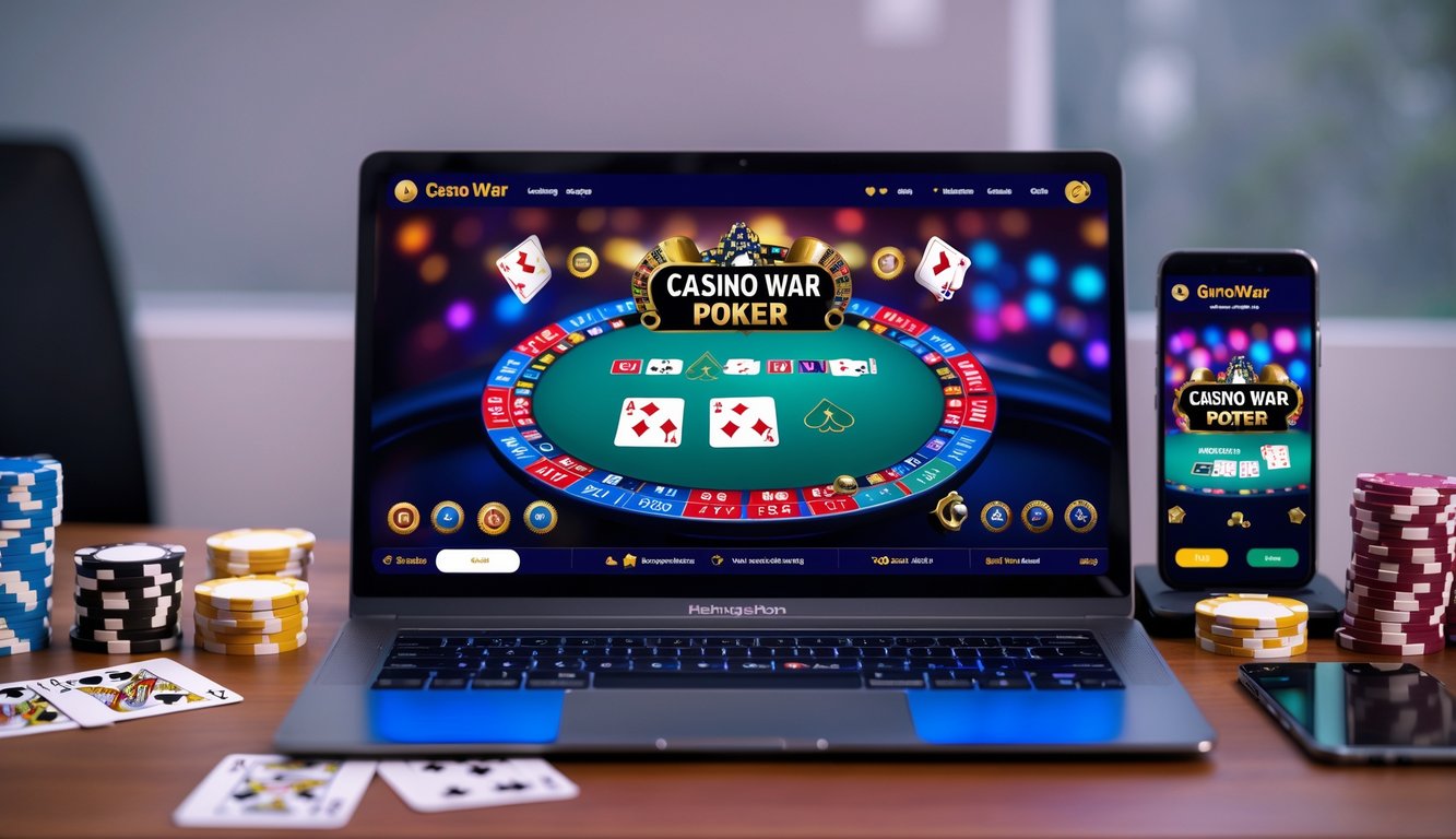Seorang pemain menggunakan laptop dengan tampilan permainan poker kasino online, dikelilingi oleh kartu remi dan chip poker di atas meja.