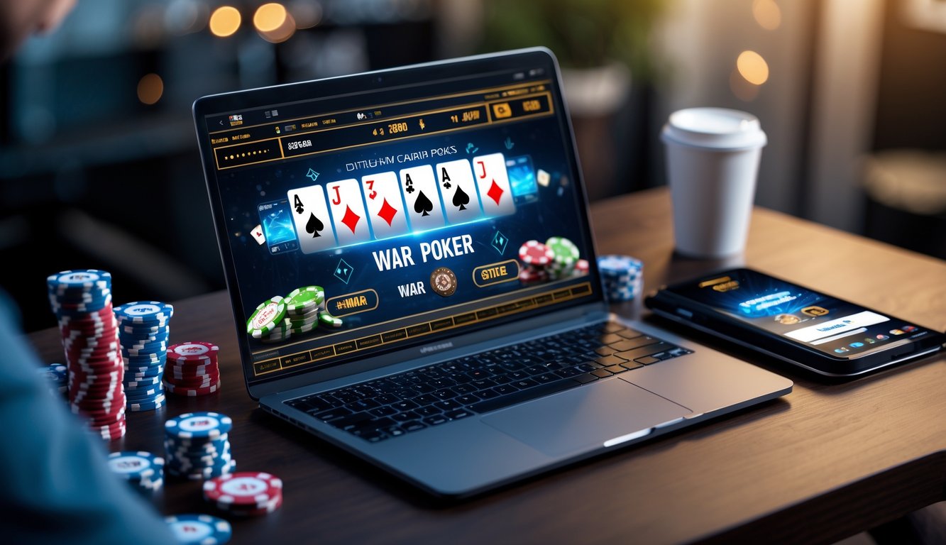 Seorang pemain menggunakan laptop dengan tampilan permainan poker online, dikelilingi chip poker dan ponsel di atas meja kayu.