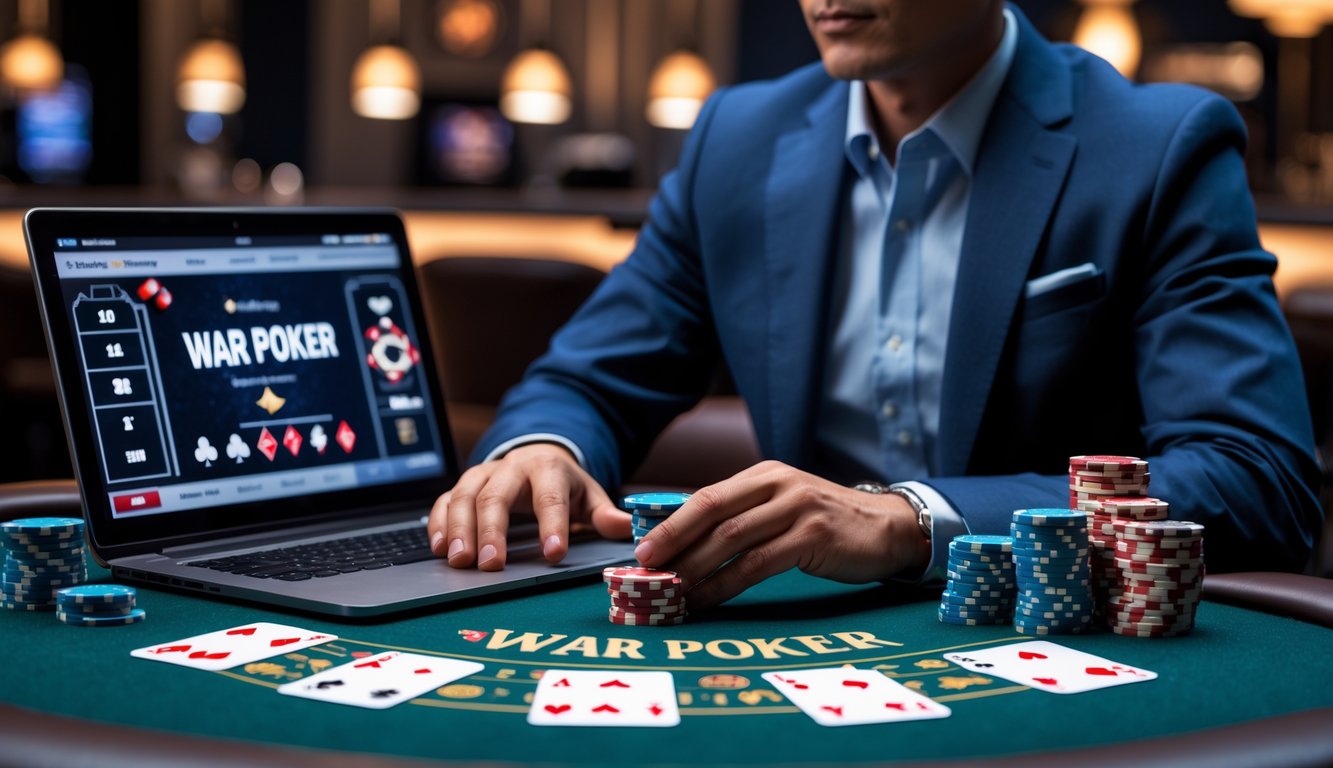 Seseorang duduk di meja kasino dengan laptop menampilkan permainan poker online, tumpukan chip poker, dan kartu di tangan, fokus bermain dengan ekspresi percaya diri.