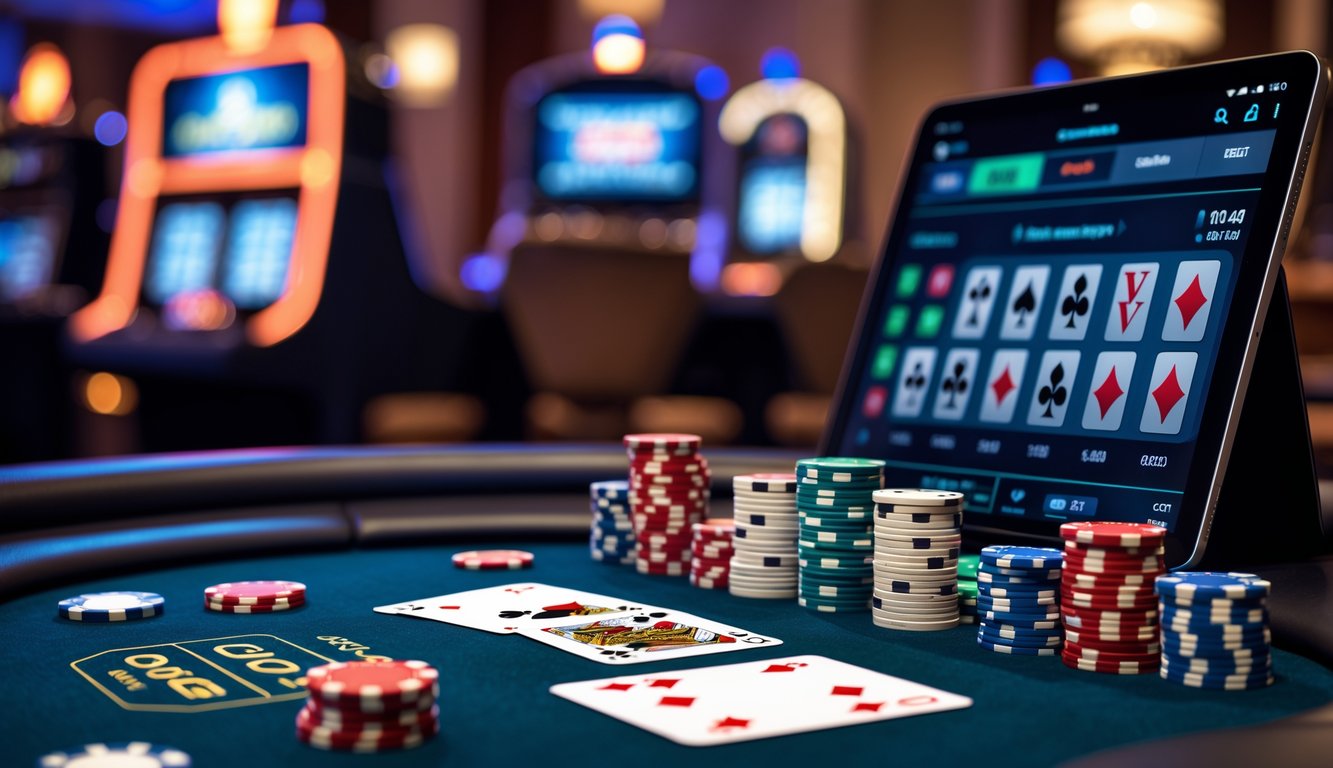Meja poker dengan chip dan kartu bermain, serta perangkat digital menampilkan permainan poker online di lingkungan kasino yang elegan dan modern.