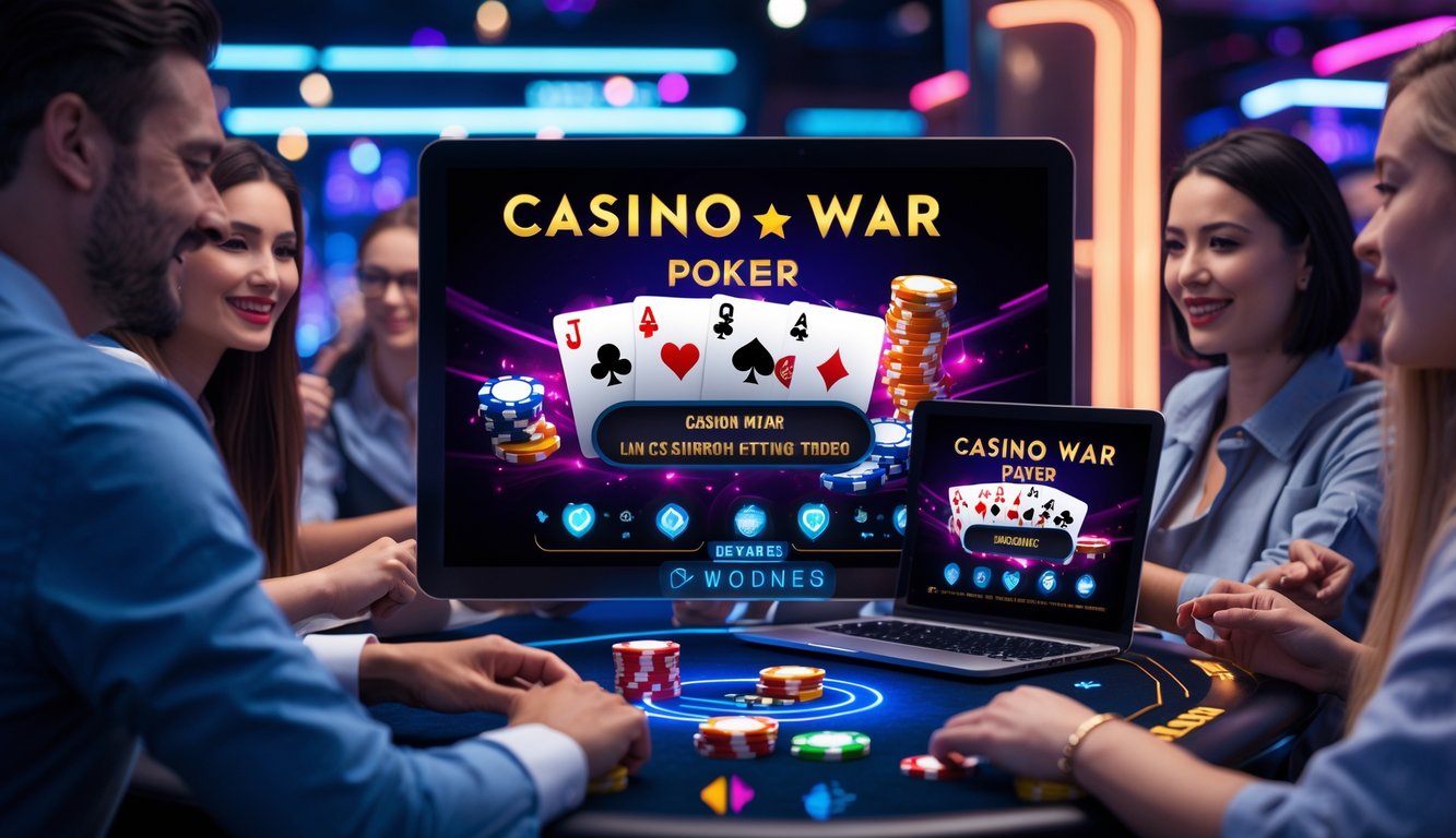 Orang-orang sedang bermain poker online dengan perangkat digital di lingkungan kasino modern yang futuristik.