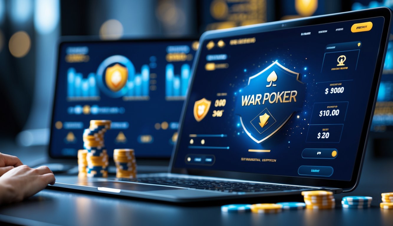 Layar perangkat modern menampilkan permainan poker dengan kartu dan chip, dikelilingi ikon keamanan dan grafik yang menunjukkan kepercayaan dan keamanan dalam kasino online.