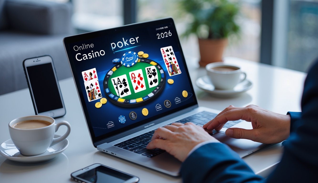 Seseorang sedang bermain poker online di laptop dengan kartu dan chip terlihat di layar, di atas meja bersih dengan latar belakang yang samar.