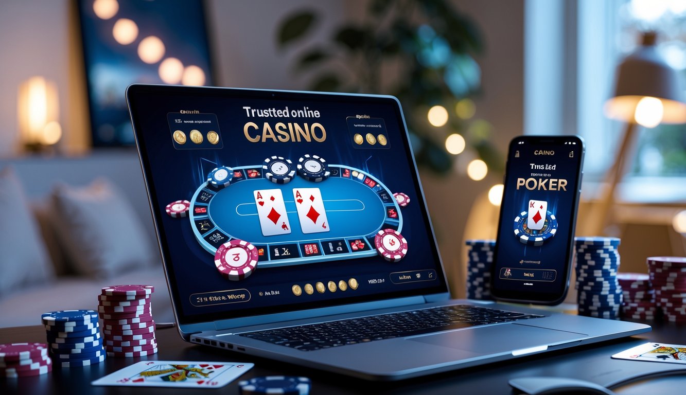 Seorang pemain poker online menggunakan laptop dengan kartu dan chip poker di sekitarnya di sebuah ruang santai modern.