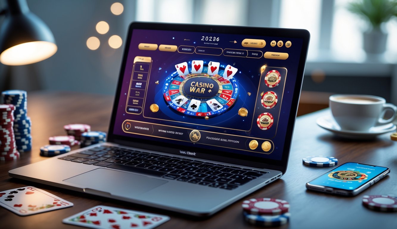 Seorang pemain menggunakan laptop dengan permainan poker online, dikelilingi chip poker dan kartu, di meja kerja yang nyaman.