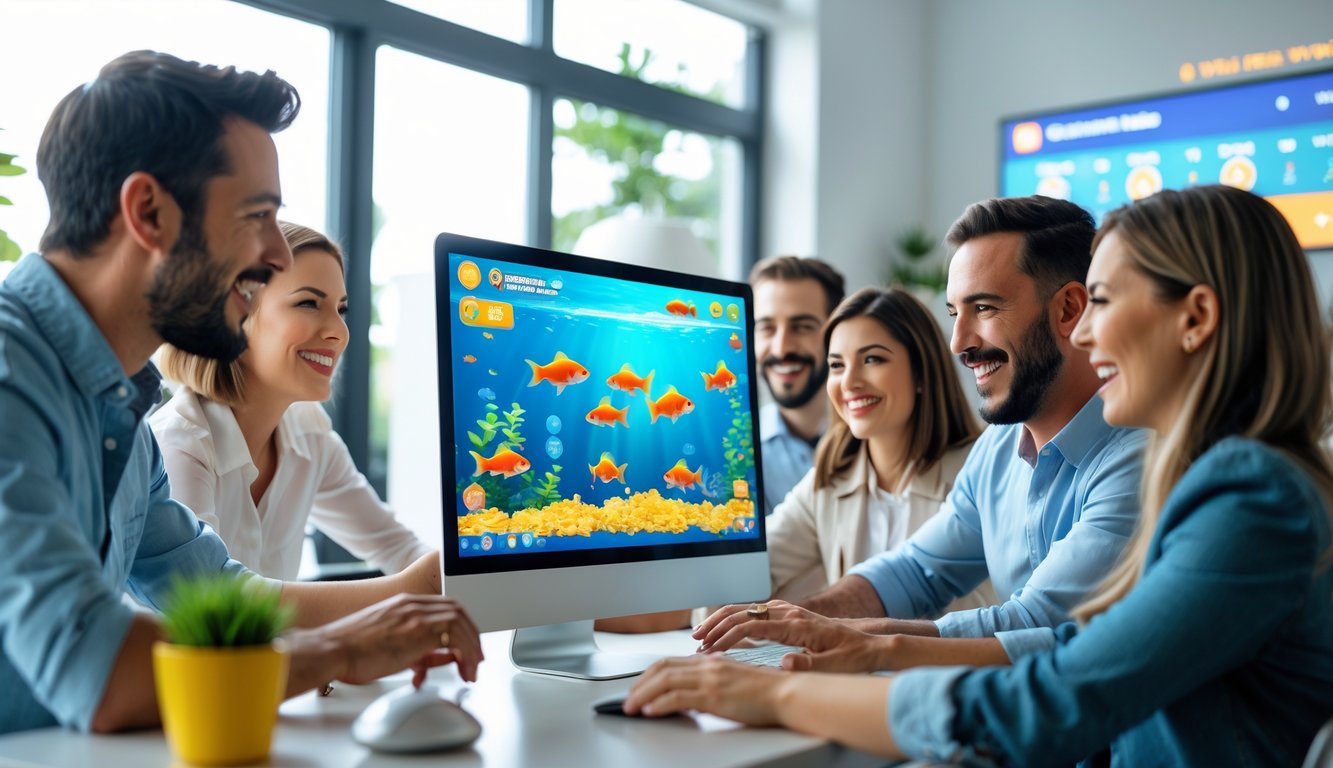 Orang-orang bermain permainan tembak ikan goldfish secara online di depan komputer dalam ruangan yang terang dan modern.