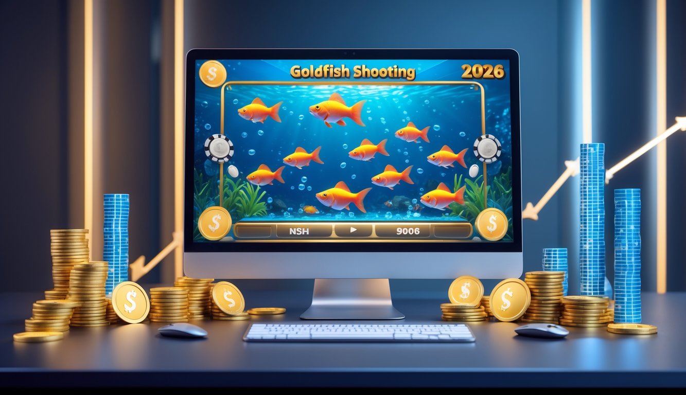 Sebuah komputer dengan layar menampilkan permainan tembak ikan goldfish yang berwarna-warni, dikelilingi oleh koin emas dan chip poker di atas meja modern.