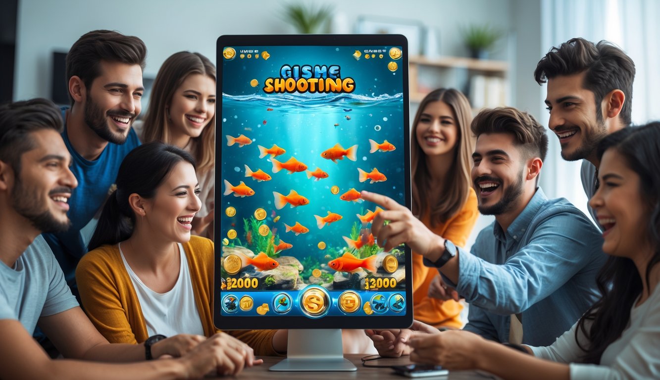 Sekelompok orang muda sedang bermain game tembak ikan dengan tema ikan mas di layar komputer di ruang tamu yang terang dan modern.