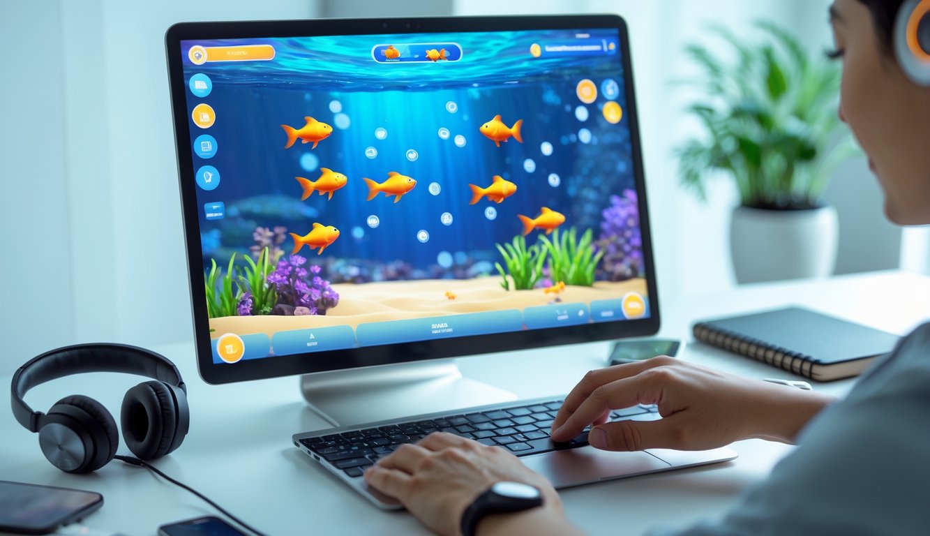 Seseorang bermain game menembak ikan mas di komputer dengan latar ruangan rumah yang rapi dan terang.