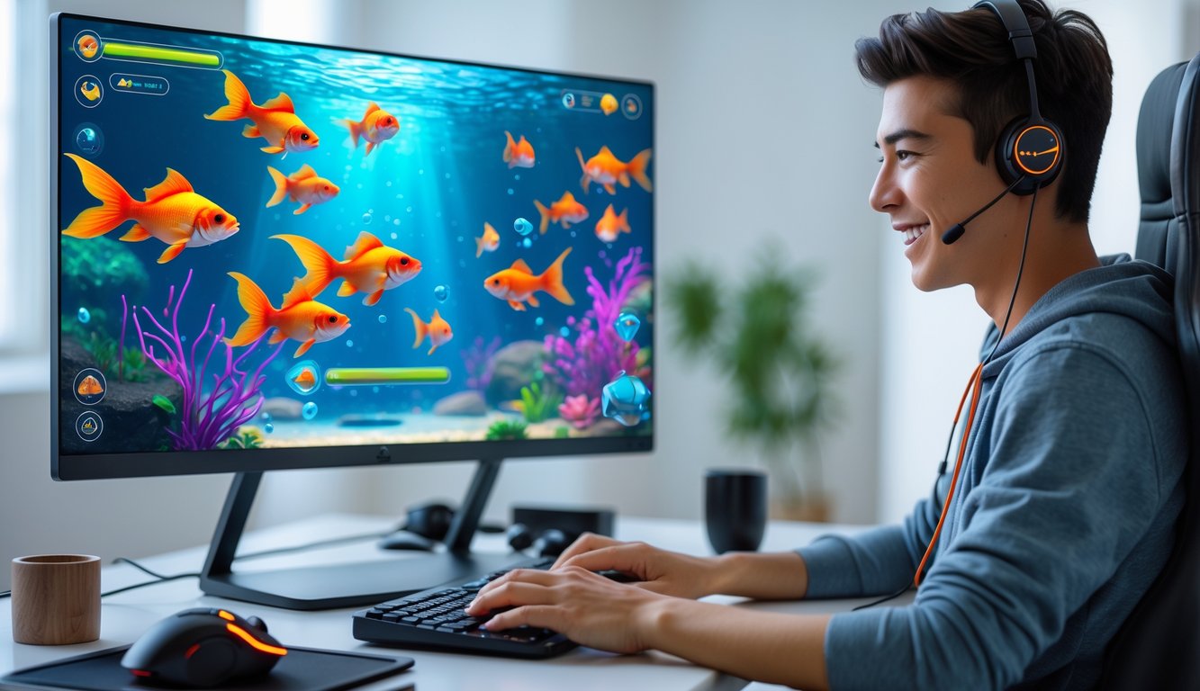 Seorang pemain muda sedang bermain game tembak ikan dengan tema ikan mas koki di depan komputer dalam ruangan yang terang.
