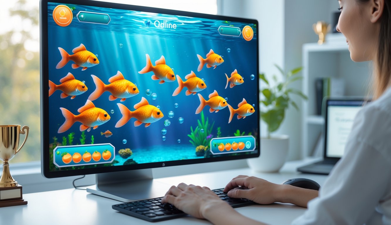 Seseorang sedang bermain permainan tembak ikan goldfish di komputer di ruang kerja yang terang dan rapi.