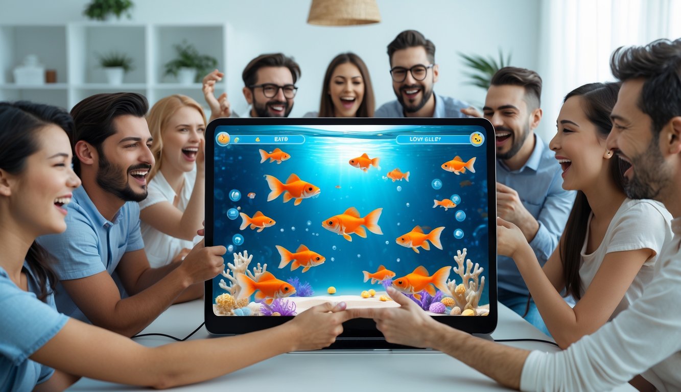 Beberapa orang bermain permainan tembak ikan goldfish secara online di ruang tamu modern dengan layar perangkat yang menampilkan ikan berwarna-warni di bawah air.