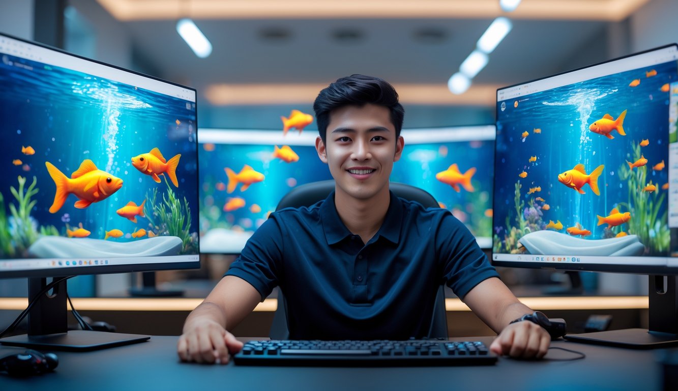 Seorang dewasa muda sedang bermain game tembak ikan goldfish di depan beberapa layar komputer dalam ruangan yang terang dan modern.