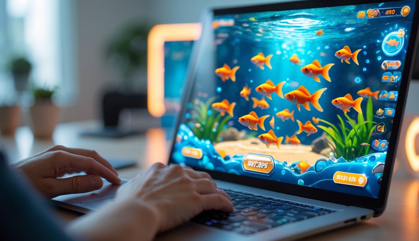 Seseorang menggunakan komputer dengan permainan menembak ikan bertema ikan mas koi yang berwarna-warni di layar.