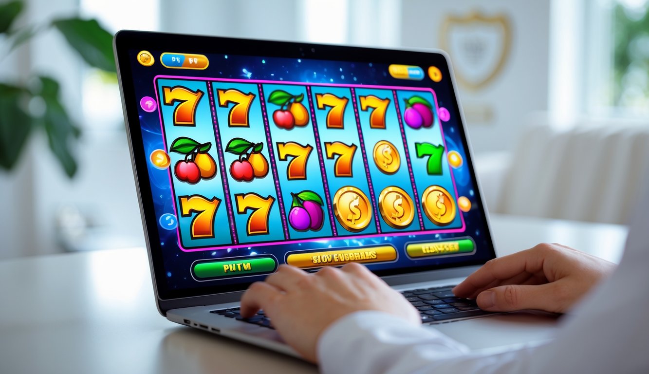 Seorang pengguna sedang bermain permainan slot online di komputer dengan latar belakang ruangan yang rapi dan terang.