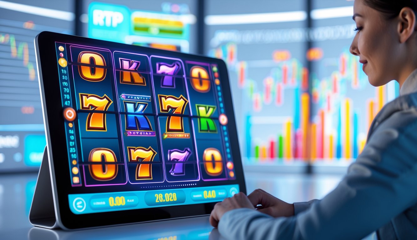 Seorang pemain menggunakan perangkat layar sentuh dengan latar belakang mesin slot digital berwarna-warni dan grafik yang menunjukkan performa tinggi.