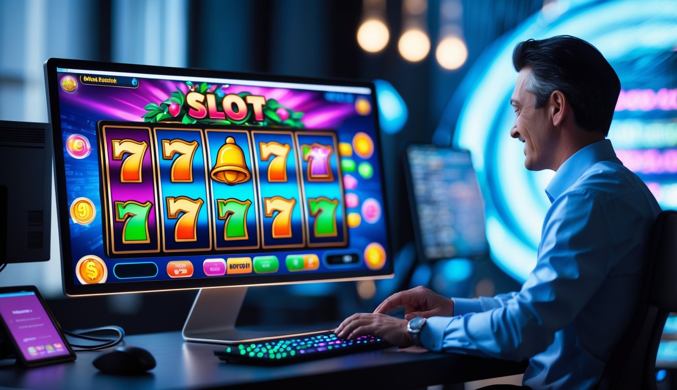 Seseorang sedang bermain permainan slot online di komputer dengan tampilan layar penuh simbol slot yang berwarna-warni.
