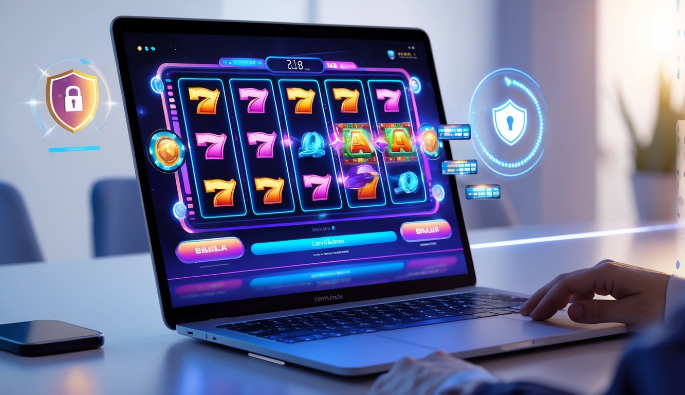 Sebuah komputer menampilkan permainan slot online dengan grafik warna-warni dan simbol keamanan di sekitarnya.