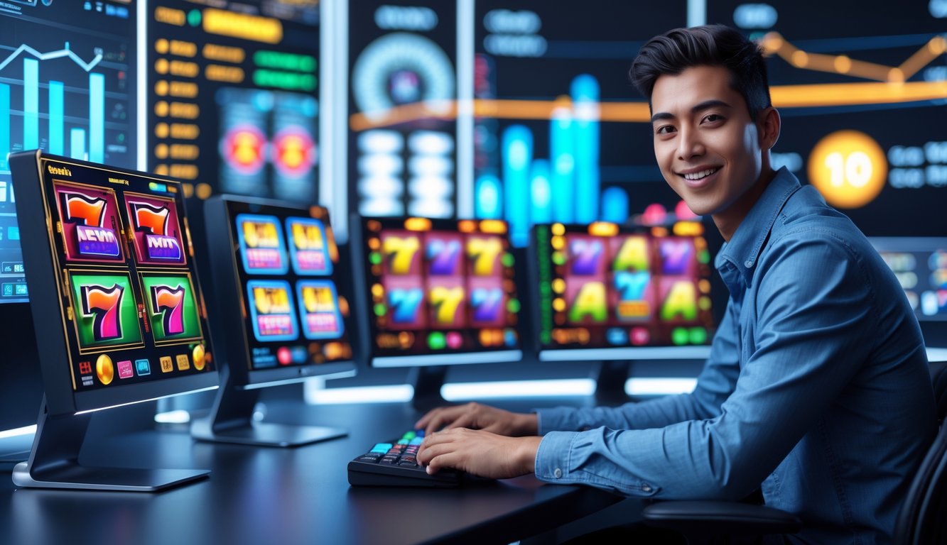 Seorang dewasa muda duduk di depan beberapa layar komputer yang menampilkan permainan slot online dengan latar belakang teknologi modern.