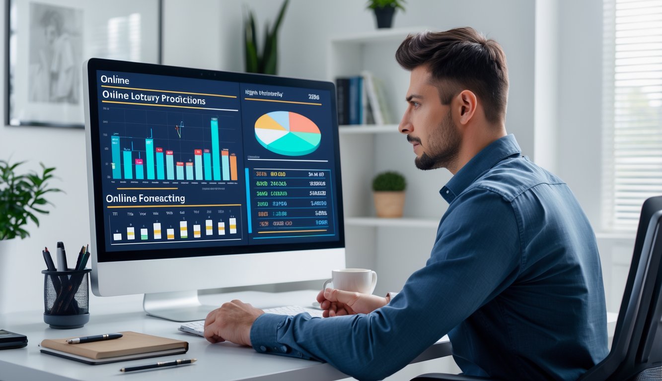 Seorang pria muda duduk di meja kerja modern sambil melihat layar komputer dengan grafik dan data prediksi togel online.