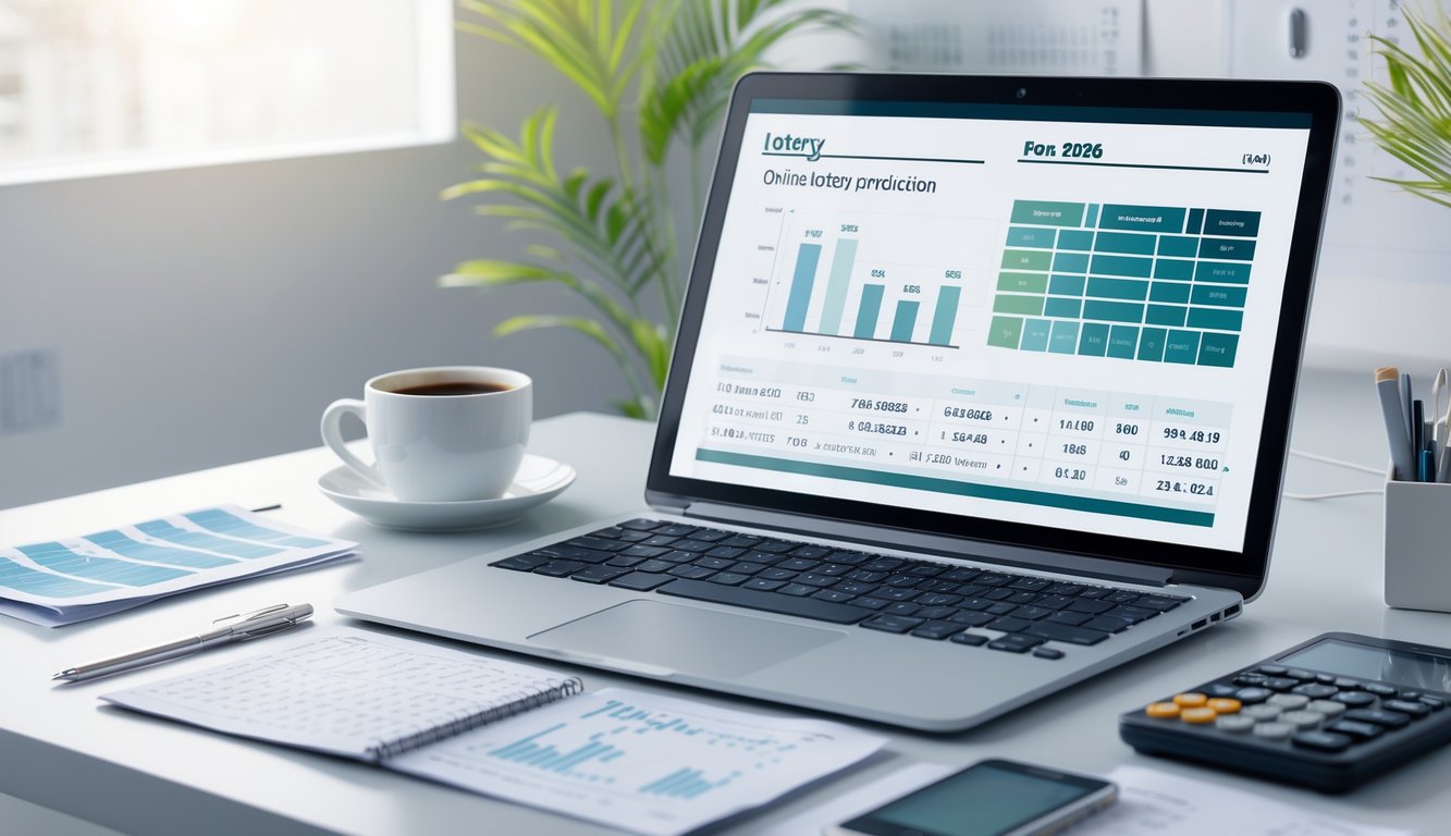 Meja kerja modern dengan laptop yang menampilkan data angka dan grafik, kalkulator, serta secangkir kopi di sampingnya.