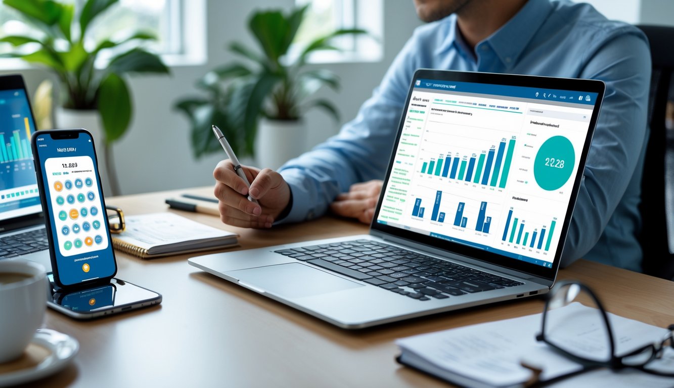 Seorang pria sedang menganalisis data di depan laptop dan smartphone di meja kerja yang rapi dengan tanaman dan alat tulis.